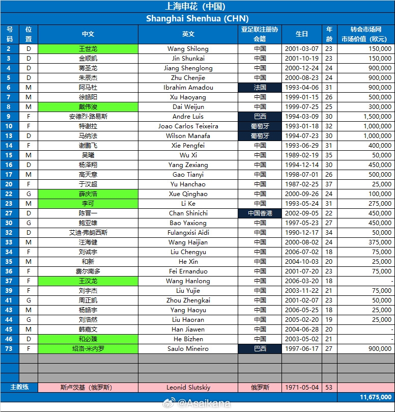 上海申花隊(duì)2024-25賽季亞冠精英聯(lián)賽報(bào)名名單（第3報(bào)名窗口）